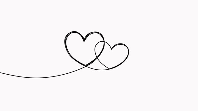 Hearts couple continuous line drawing animation. Love doodle symbol video.