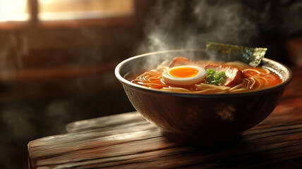 木のテーブルに置かれた温かいラーメンのボウル