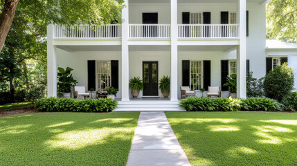 Naklejka premium beautiful historic plantation home with lush greenery and inviting porch
