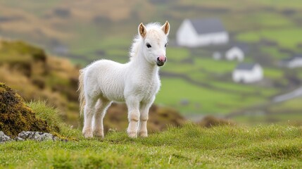 Obraz premium Fluffy Shetland foal, small and delicate, standing on a green grassy meadow with dry patches around. In the background, a peaceful farm completes the rural setting.
