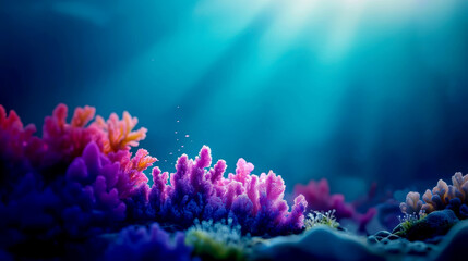Obraz premium Vibrant coral reef illuminated by sunlight underwater