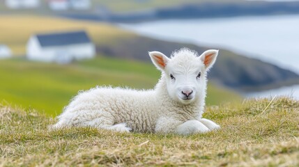 Obraz premium Fluffy sheep resting on a green grassy meadow with patches of dry grass nearby.