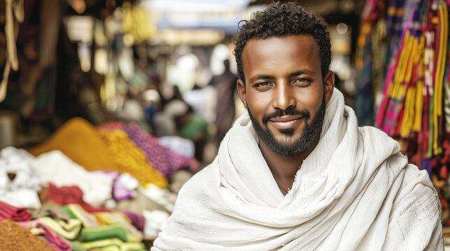 A vibrant portrait of an Ethiopian man wearing a white gabi shawl, his warm smile framed by his short hair and beard. The background features a bustling market scene with stalls se