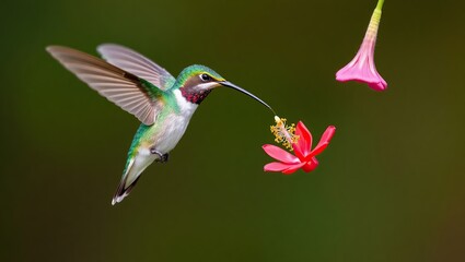 Fototapeta premium Hummingbird in Flight Feeding on a Red Flower
