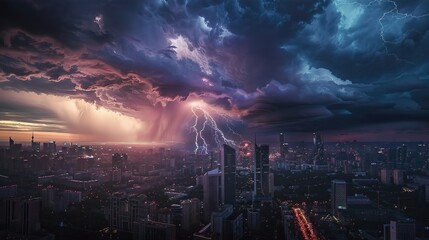 A thunderstorm hits the city at dusk, with large lightning bolts illuminating the skyline. Dark clouds hang low, and flashes of lightning cast long shadows on the streets