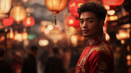 An elegant portrait of a Chinese woman in a richly embroidered red qipao, her hair styled in an intricate updo with golden hairpins. Her serene expression contrasts with the vibran