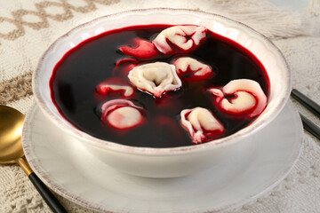 Traditional Polish beetroot soup with dumplings