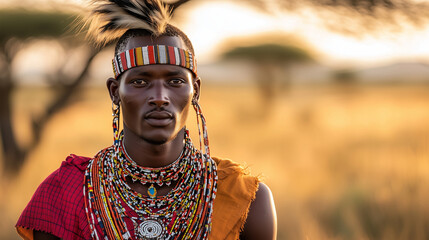 A traditional Maasai warrior in full attire, standing proudly in the savannah. The warrior wears brightly colored shÃºkÃ , adorned with beads and intricate jewelry, with a backdrop o