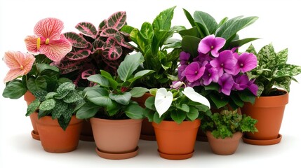 A group of indoor flowering plants, including African violets, peace lilies, and begonias, isolated on a white backdrop.