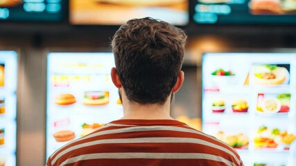 Curly Haired Person Contemplates Fast Food Menu Choices in Casual Restaurant Atmosphere with Vibrant Displays of Delicious Food Options