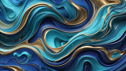 Obraz premium Swirling Abstract with Blue and Gold, Fluid Metal and Teal Abstract, Luxurious Blue and Gold Swirls, Abstract Waves with Metallic Sheen, Liquid Gold and Teal Abstract