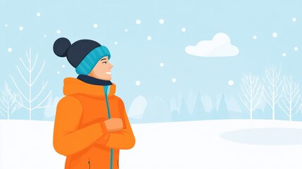 Smiling Young Man in Orange Jacket Enjoying a Winter Wonderland with Snowflakes Falling Amidst a Scenic Background of Trees and a Blue Sky