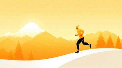 Vibrant Athletic Runner in Orange Clothing Against a Scenic Mountain Landscape at Sunrise for a Health and Fitness Concept