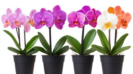 Naklejka premium A group of potted orchids, with vibrant blooms in purple, white, and pink, isolated on a white background.