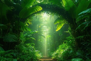 Sunbeams illuminate misty path through lush jungle archway, creating magical tropical forest scene