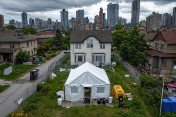 Expansive Wide-Angle View of Fumigation Tent Setup Over Large Residential House in Urban Neighborhood Under Overcast Sky