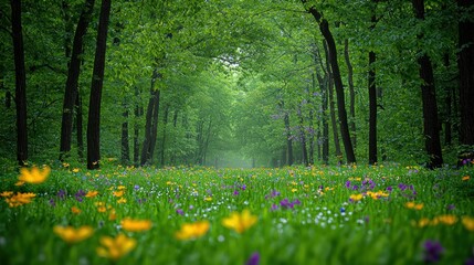 Obraz premium Misty forest path with vibrant wildflowers in spring