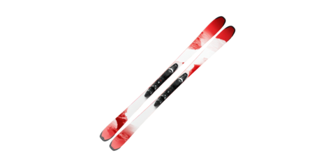Red and white skis with black bindings isolated on transparent background