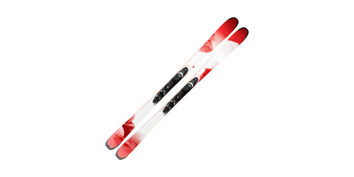 Red and white skis with black bindings isolated on transparent background