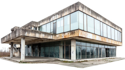 Obraz premium Deteriorating modernist building, weathered concrete and metal, nostalgic vibe , isolated on transparent background