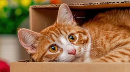 The cat curled up comfortably inside the empty cardboard box, peeking out with curious eyes as it enjoyed its cozy makeshift hideaway.