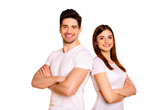 Close up photo beautiful she her he him his pair stand back side close teamwork self-confident professionals specialists work job reliable workers wear casual white t-shirts isolated yellow background - Powered by Adobe