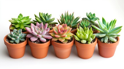 Fototapeta premium A group of small succulents in clay pots, featuring colorful varieties like echeveria and sedum, on a white background.