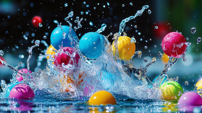 Żywe, kolorowe kule wpadające do wody w dynamicznej kompozycji, przedstawiają wibrującą eksplozję barw i energii, idealną na tematykę radości i zabawy.