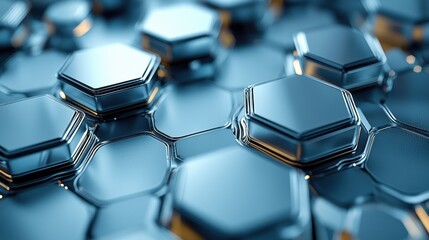 Obraz premium Metallic hexagons surface with glowing edges, abstract background, technology or science backdrop