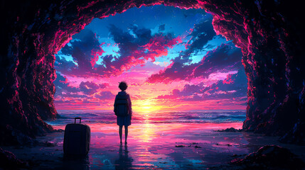 Fototapeta premium Spectacular Sunset Landscape: Person Silhouetted at Beach Cave Watching Vibrant Sky