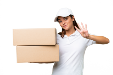 Delivery caucasian woman holding boxes isolated on green chroma background happy and counting four with fingers