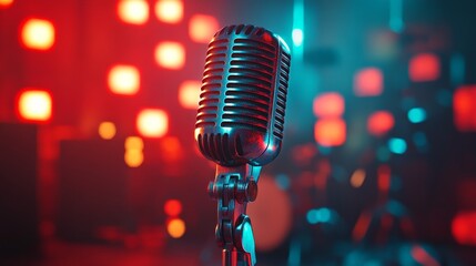A live music stage setup with microphone and lighting, symbolizing performance, concerts, and professional sound.