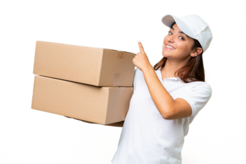 Delivery caucasian woman holding boxes isolated on green chroma background pointing back