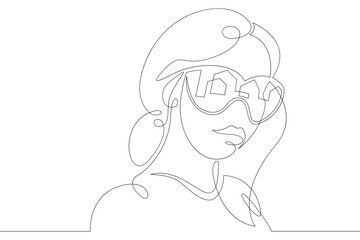 Female character wearing augmented reality glasses. Gaming industry and geolocation. Mobile technology.One continuous drawing line  logo single hand drawn art doodle isolated minimal illustration.