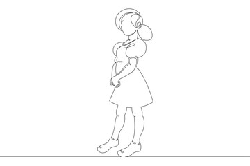 Obraz premium A child with a large mug with a glass in his hands. Little girl in a dress.One continuous drawing line logo single hand drawn art doodle isolated minimal illustration.