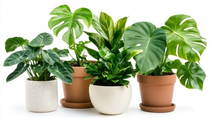 Obraz premium A group of tropical indoor plants, featuring monstera deliciosa, alocasia, and philodendron, isolated on a white background.