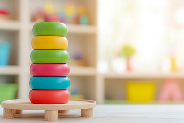 Colorful stacking toys arranged neatly on wooden base, perfect for children