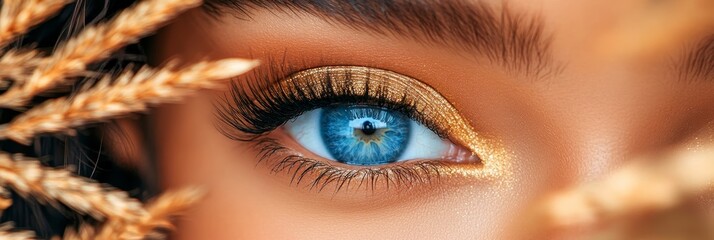 Close-up Of Female Eye With Blue Iris, Gold Eyeshadow, Long Lashes, And Shallow Depth Of Field