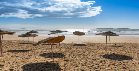 Palapas installed on the beach of Essaouira in the west of Morocco