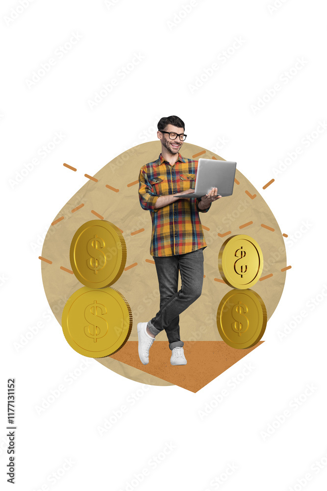 Aufkleber vertical creative 3d collage artwork picture of intelligent clever man worker use netbook analyze bi