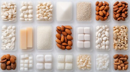 Various types of nuts and seeds are neatly arranged in black containers, highlighting their texture, colors, and culinary potential.