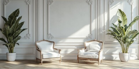 Fototapeta premium A luxurious classic interior featuring ornate white armchairs and elegant decor with soft natural lighting.