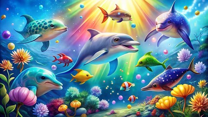 Fototapeta premium Adorable Ocean Animals Coloring Pages with Dreamy Bokeh Background