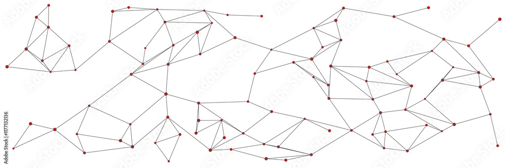Poster network visualization, red nodes connected by black lines, minimalist composition. geometric pattern