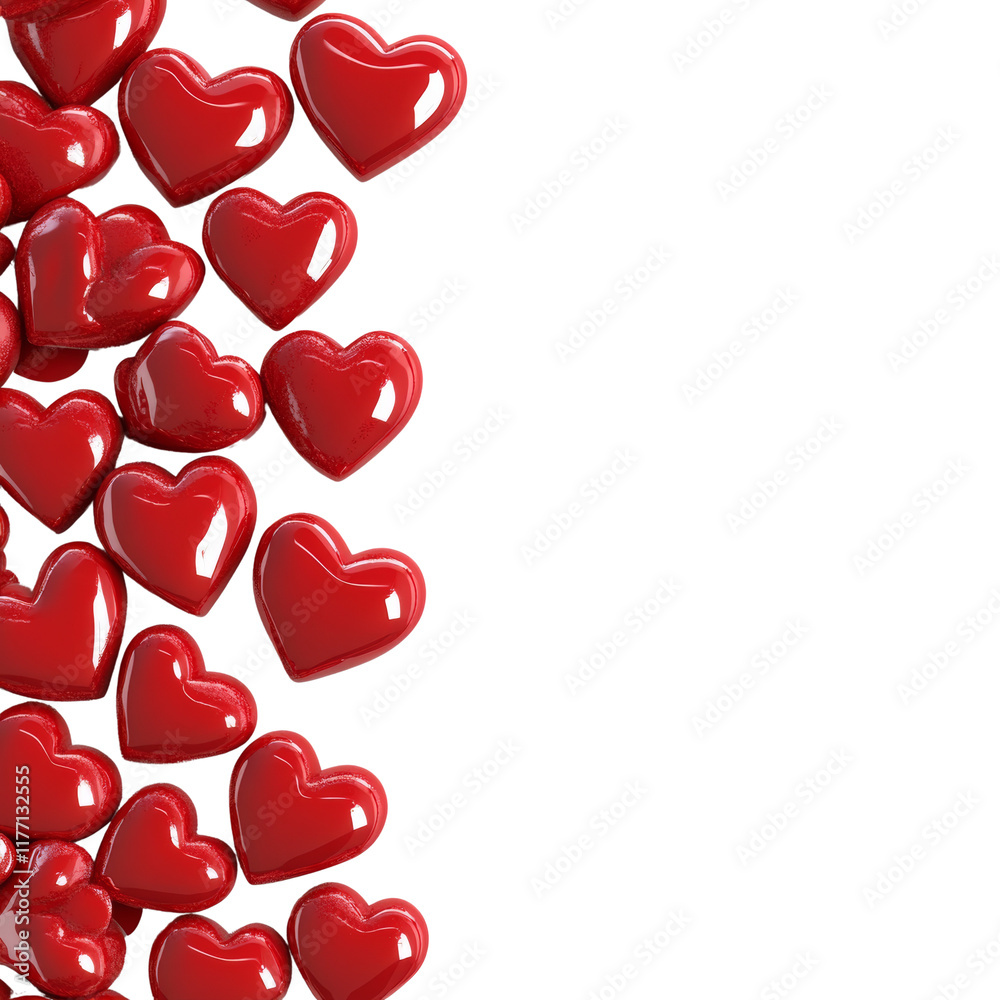 Poster A collection of shiny red hearts arranged along the left side of a white background, creating a visually appealing border.