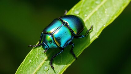 Naklejka premium Iridescent Green Beetle on a Dewy Leaf