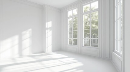 Fototapeta premium Bright White Room with Large Windows and Sunlight