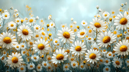 Fototapeta premium White Daisies in a Field: A Stunning Floral Image of Delicate Petals and Vibrant Yellow Centers. Perfect for nature lovers and those who appreciate beauty in simplicity.