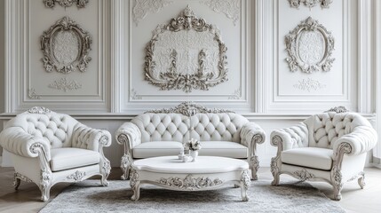 A luxurious classic interior featuring ornate white armchairs and elegant decor with soft natural lighting.