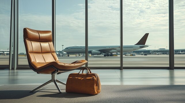 A stylish leather chair with a matching brown bag in an airport lounge, framed by large glass windows overlooking a parked airplane. Perfect for travel themes. - Powered by Adobe